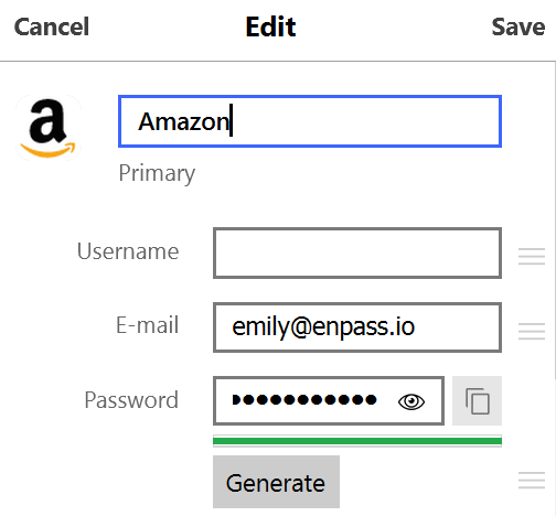 Use generate button in Item edit view to generate password